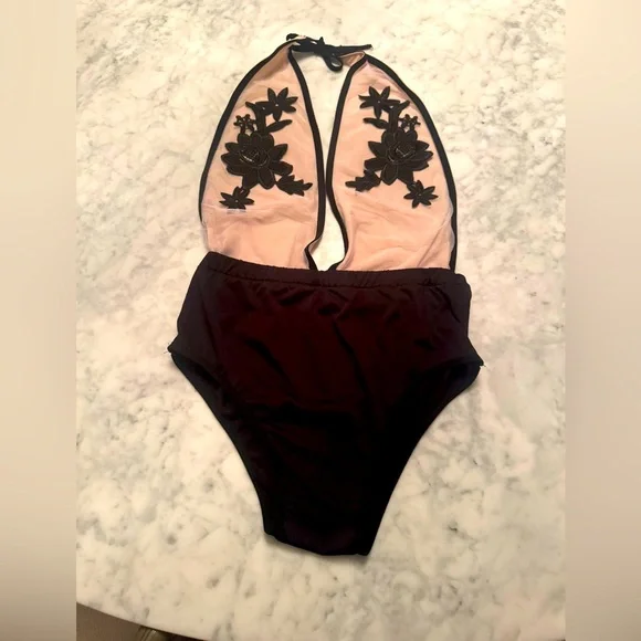 Black and Nude Lace Plunge Swimsuit - Picture 2 of 2